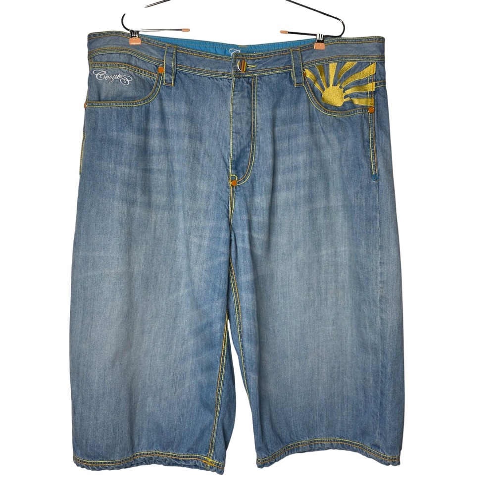 Coogi Mens Embroidered Denim Shorts Light Wash Sunburst Eagle Baggy Size 42